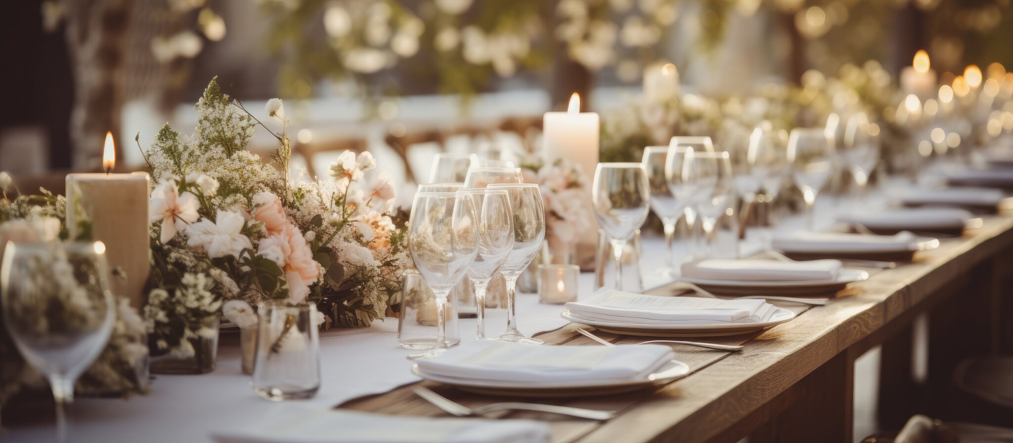 A event table with pretty wedding plant rentals.